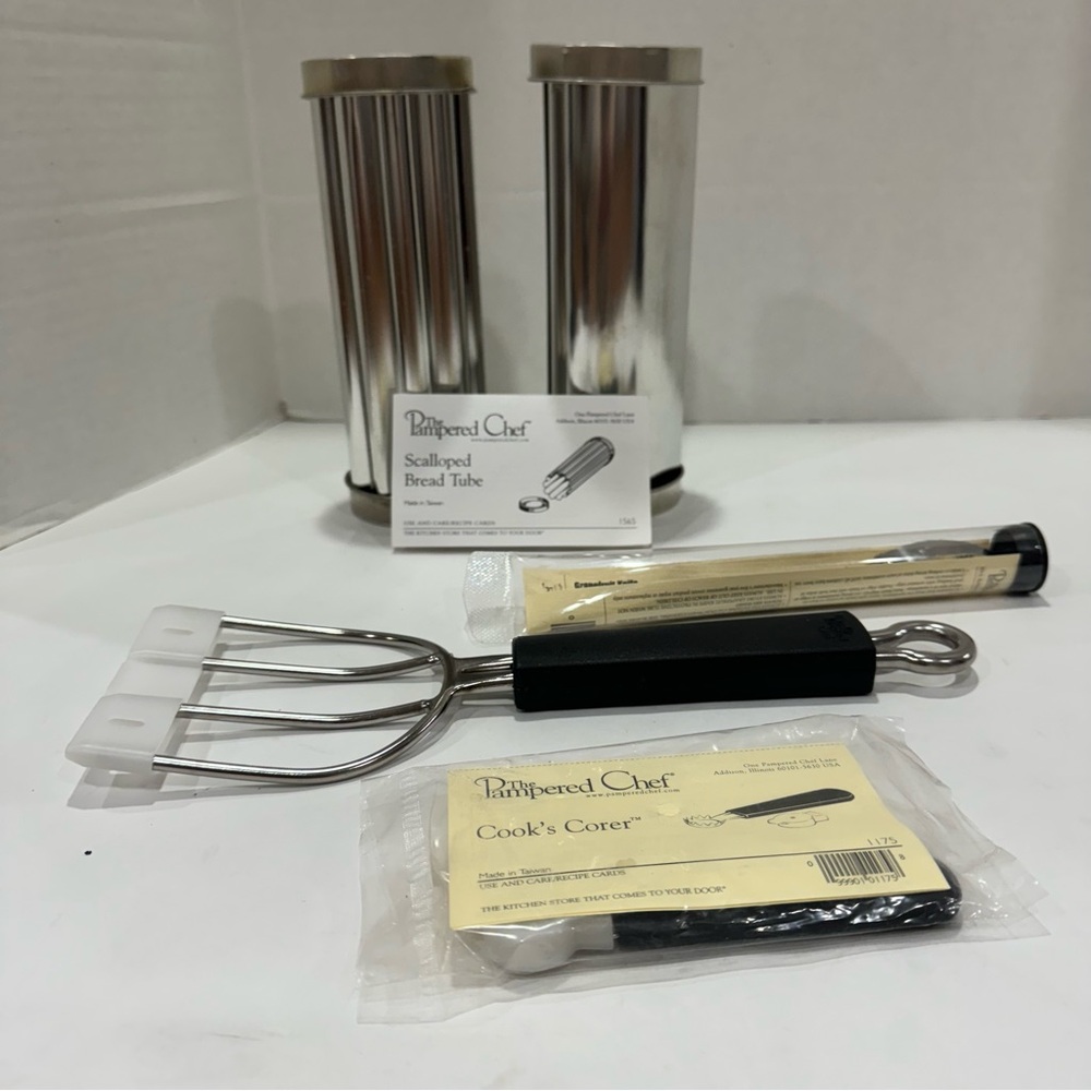 Pampered Chef bundle of tools, bread tubes, meat fork, corer grapefruit knife